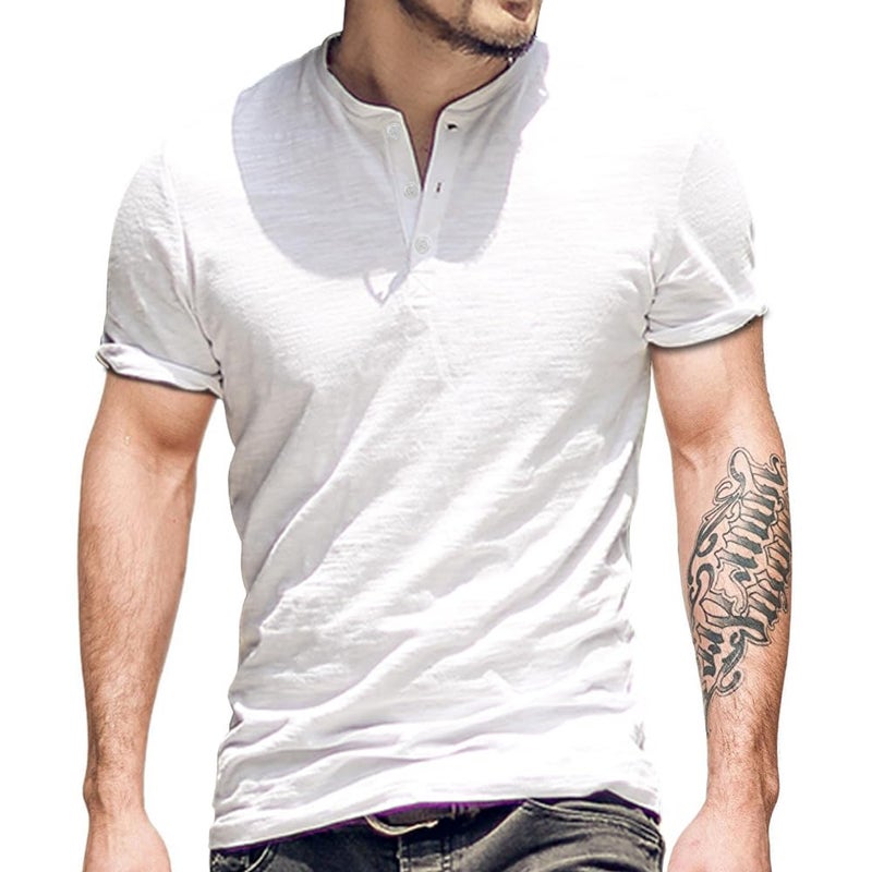 palglg Mens Regular-fit Henley T-Shirt Short-Sleeve with 3 Buttons Placket Slub Vintage Cotton White M - Image 1